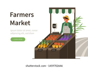 Farmer Sell Locally Grown Vegetables. Can Use For Backgrounds, Infographics, Hero Images. Flat Style Modern Vector Illustration.