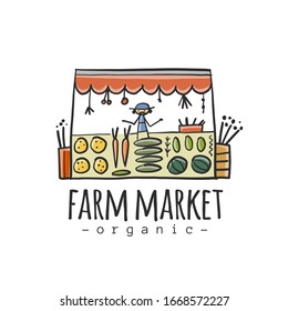 Farmer sell Organic Fruits and Vegetables on Local Market. Harvest Festival. Agriculture. Organic farming eco concept. Fresh products, locally grown and organic food. Simple sketch logo isolated on