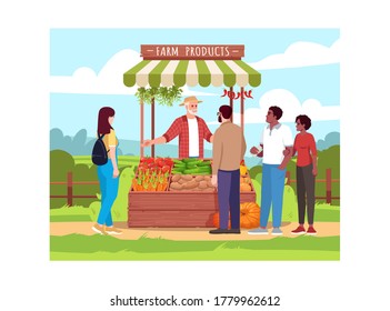 Farmer sell products to customers semi flat vector illustration. County fair with food and clients. Local production of fresh vegetables. Male business owner 2D cartoon characters for commercial use