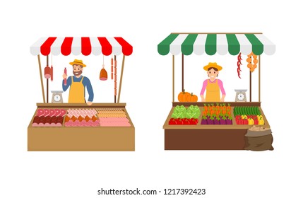 Farmer sellers on market set vector. Isolated icons with vendors in tents kiosks with veggies and meat products. Pork and chicken, pepper and tomatoes