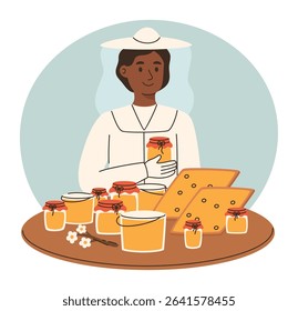 Farmer selling food at local market. Agricultural trader selling honey. Farm natural products. Flat vector illustration.