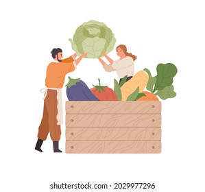 Farmer selling fresh farm vegetables to buyer. Person buying local organic food from seller. Tiny people and wood crate of fall harvest. Colored flat vector illustration isolated on white background