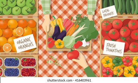 Farmer selling his freshly harvested vegetables at the local market, a customer is buying some products, healthy eating and retail concept