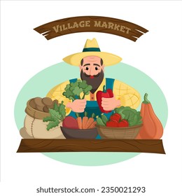 Сute farmer selling his produce at rural local market. Concept of street vending and small markets. Logo of vegetable seller. Flat vector illustration.