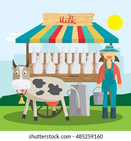 Farmer selling milk products in local market. Woman produce shopkeeper. Fresh dairy, retail business owner working in his store. Cartoon flat vector illustration