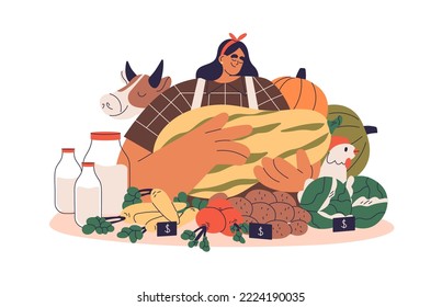 Farmer selling organic food, farm eco vegetables, dairy products at local market. Vendor with fresh healthy harvest, season crops, milk. Flat graphic vector illustration isolated on white background