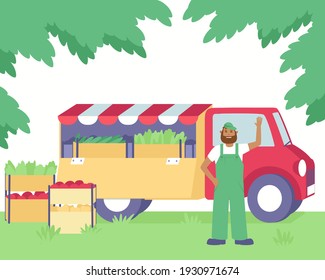 A farmer sells fresh vegetables from his farm from a truck.
Spring-summer Sale of Farm Vegetables. Fresh tomatoes, cucumbers, peppers, herbs are sold in boxes. Flat vector illustration.