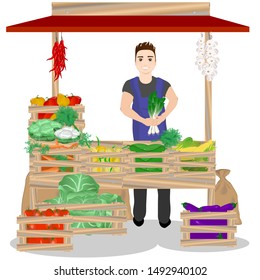 Farmer sells vegetables at the market. Vector illustration on a white background.