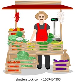 Farmer sells vegetables at the market. Vector illustration on a white background.