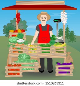 Farmer sells vegetables at the market. Vector illustration.