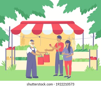 A farmer sells vegetables to a pregnant woman and her husband. A pregnant woman needs fresh vegetables. Fresh tomatoes, cucumbers, peppers, herbs are sold in boxes. Flat vector illustration.