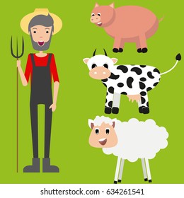 Farmer set. Flat design. Vector. Set of different farmer animals and farmer.