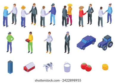 Farmer shake hand icons set isometric vector. Country farmland. Investor rancher