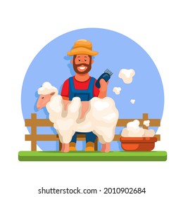 Farmer shave sheep, sheep shearing cartoon illustration vector