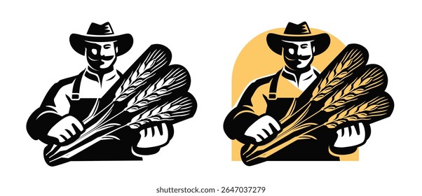 Farmer with sheaf of wheat emblem. Farm worker in hat harvesting crops from agricultural fields