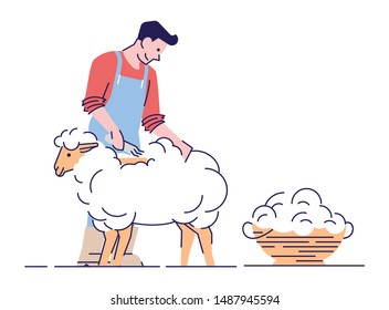 Farmer shearing sheep flat vector character. Wool production. Livestock farming, animal husbandry concept with outline. Male shearer cutting merino wool cartoon illustration isolated on white