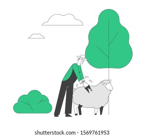 Farmer Shearing Sheep for Wool in Barn. Sheepshearer Character at Working Process on Farm. Shearer Man Removing Sheep Wool. Ewe Having Fleece Sheared Off. Cartoon Flat Vector Illustration, Line Art