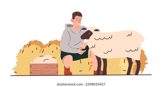 Farmer sheep concept. Fluffy white domestic animal. Production of clothing materials. Man with cattle. Template and layout. Cartoon flat vector illustration isolated on white background