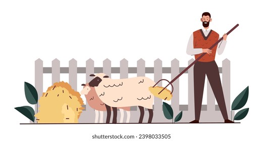 Farmer sheep concept. Fluffy white domestic animal. Production of clothing materials. Farming and agriculture. Poster or banner. Cartoon flat vector illustration isolated on white background