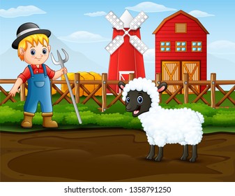 Farmer with a sheep in front of his barn