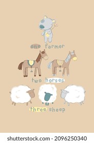 farmer with sheep and horses, Cute T-shirt design for kids, vector illustration. graphic Print designs for baby. Can be used for fashion print design, kids wear, girls clothes, poste