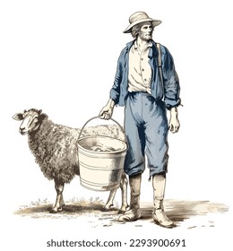 Farmer and sheep on a walk on toile de jouy illustration