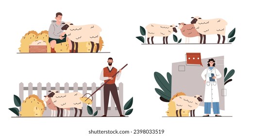 Farmer with sheep set. Animals with fluffy wool. Farming and agriculture. Rural village. Man and woman with cattle. Cartoon flat vector collection isolated on white background