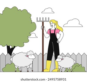 Farmer with sheep. Young girl in uniform with rake feeds domestic animals and livestock. Farming and agriculture, rural scene. Linear vector illustration isolated on white background