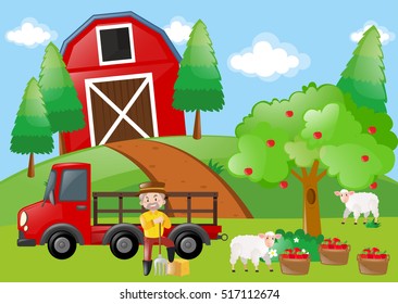 Farmer and sheeps in the farm illustration