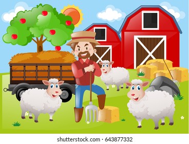 Farmer and sheeps on the farm illustration