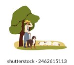 Farmer and shepherd dog watching for grazing sheep on rural summer field. Herdsman and sheepdog, ewes flock, farm pasture land, countryside. Flat vector illustration isolated on white background