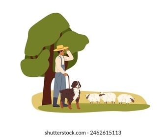 Farmer and shepherd dog watching for grazing sheep on rural summer field. Herdsman and sheepdog, ewes flock, farm pasture land, countryside. Flat vector illustration isolated on white background