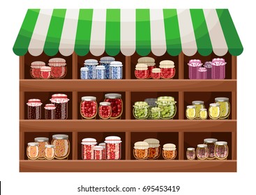 Farmer shop of berry jam. Counter with products. Vector

