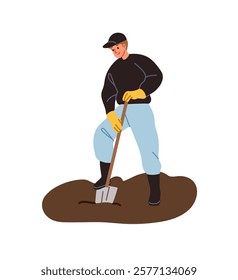 Farmer with shovel digs ground, seedbeds for planting. Farm worker cultivates soil with spade. Man cares about garden, farming with hand tool. Flat isolated vector illustration on white background