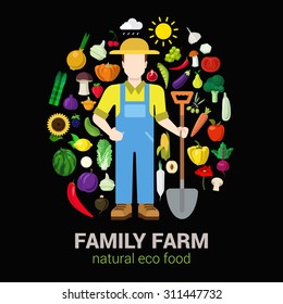 Farmer with shovel and harvest products icons. Stylish quality detail icon set farm fruit vegetable berry mushroom plants. Agriculture concept. Food farming collection.