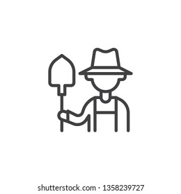 Bauer mit Schaufelliniensymbol. lineares Stilzeichen für mobiles Konzept und Webdesign. Gärtner mit hinterem Umriss-Vektorsymbol. Symbol für Landwirtschaft, Landwirtschaft und Gartenbau. Pixel perfekt