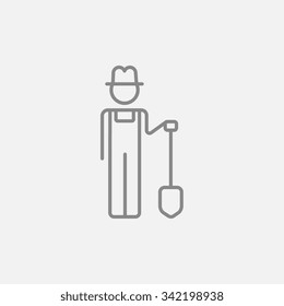 Farmer with shovel line icon for web, mobile and infographics. Vector dark grey icon isolated on light grey background.