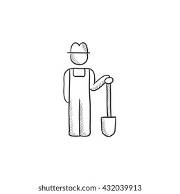 Farmer with shovel sketch icon for web, mobile and infographics. Hand drawn farmer icon. Farmer vector icon. Farmer icon isolated on white background.