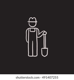 Farmer with shovel sketch icon for web, mobile and infographics. Hand drawn farmer icon. Farmer vector icon. Farmer icon isolated on white background.