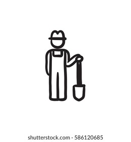 Farmer with shovel sketch icon for web, mobile and infographics. Hand drawn farmer icon. Farmer vector icon. Farmer icon isolated on white background.