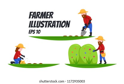 Farmer shoving, seeding, plant seed, harvest illustration set flat cartoon style