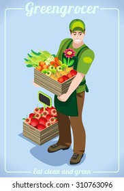 Farmer Showcase Logo. Isometric People 3D Flat Set Eco Farm Fresh Vegetable Fruit Delivery Shop. Online Market Store Grocery Organic Deli Supermarket Vegan Food Delivery Symbol Vector Illustration