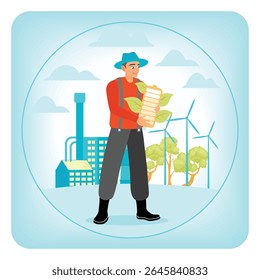 A farmer showcasing a renewable energy concept in an industrial setting with wind turbines. Sustainable energy concept.