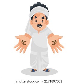 Farmer is showing seeds in hands. Vector graphic illustration. Individually on a white background. 