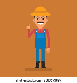 Granjero mostrando sus pulgares hacia arriba y sonriendo. Gente plana. Ilustración vectorial
