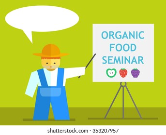 Farmer shows on board. Vector flat. Stock illustration