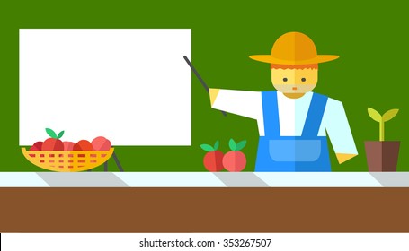 Farmer shows on board. Vector flat. Stock illustration