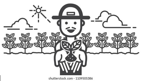 A farmer shows young plant in hands front of organic farm with smiling and happy landscape view. Vector illustration