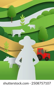 Farmer silhouette cows tractor in fields. Agricultural scene with layered landscape trees and greenery. Paper cut style