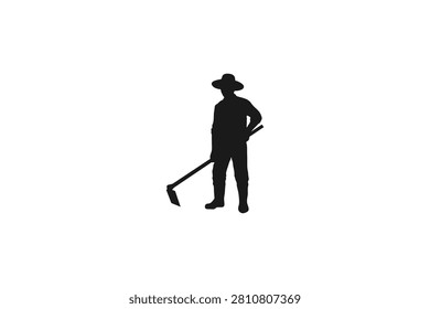 Farmer silhouette holding hoe tool standing isolated on white background